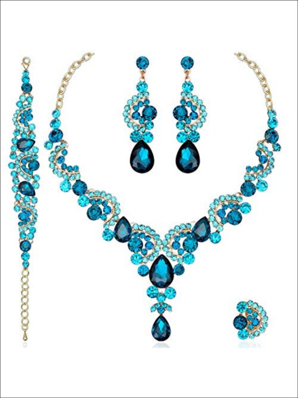 Crystal Rhinestone Jewelry Set Necklace Earrings Bracelet Ring Adjustable Formal